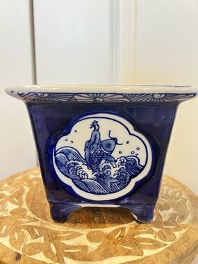 Napco Blue Ceramic Decorative Planter with Fish Motif